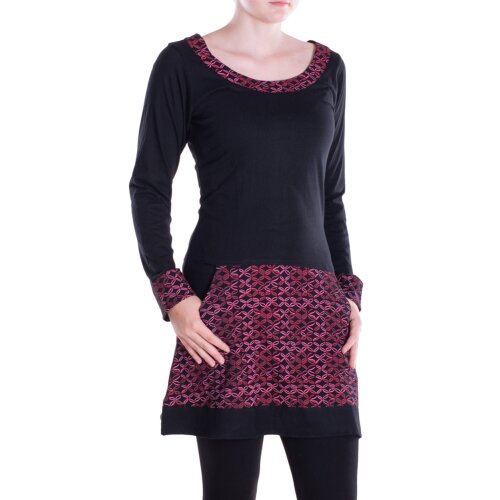 Vishes - Langarmshirt-Kleid Leicht Kurze Damen Kleider Langarm Tunika retro schwarz-dunkelrot-40