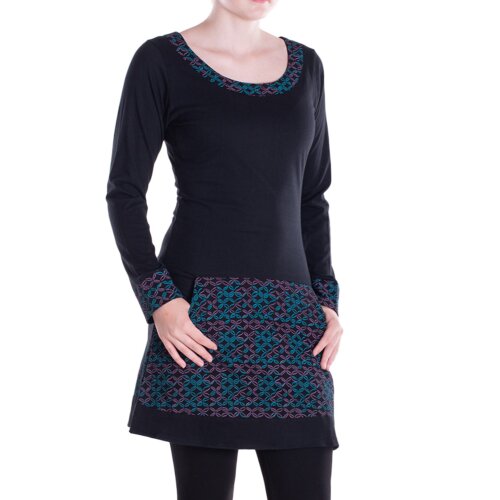Vishes - Langarmshirt-Kleid Leicht Kurze Damen Kleider Langarm Tunika retro schwarz-türkis-46