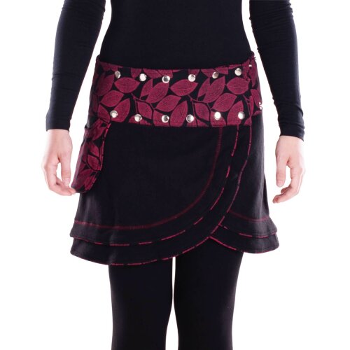Vishes - Warmer Damen Wickelrock Rock zum Wickeln mit Druckknöpfen Blätter schwarz 40-48