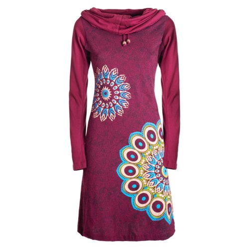 Vishes - Damen Mandala-Kleid Langarm-Shirtkleid Schal-Kragen Baumwollkleid  dunkelrot 36