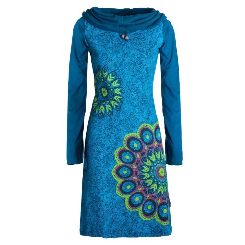 Vishes - Damen Mandala-Kleid Langarm-Shirtkleid Schal-Kragen Baumwollkleid  türkis 44