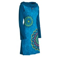 Vishes - Damen Mandala-Kleid Langarm-Shirtkleid Schal-Kragen Baumwollkleid  türkis 44