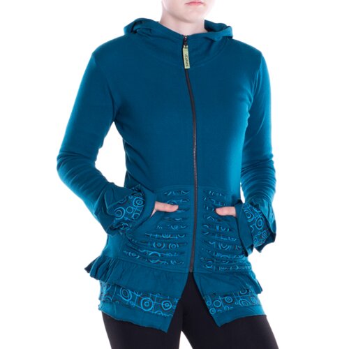 Vishes leichte Übergangsjacke aus Baumwolle mit Kapuze, weiten Ärmeln und Rüschen türkis 38