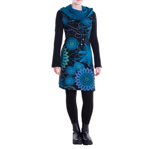 Vishes - Damen Mandala-Kleid Schal-Kragen Langarm-Shirtkleid Baumwollkleid schwarz 38