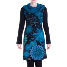 Vishes - Damen Mandala-Kleid Schal-Kragen Langarm-Shirtkleid Baumwollkleid schwarz 42