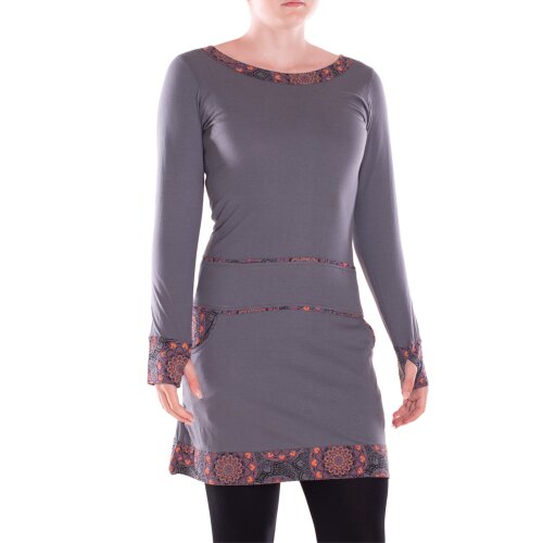 Vishes Damen Langarm Kleid Baumwolle Geometrisch mit Taschen grau 36-38
