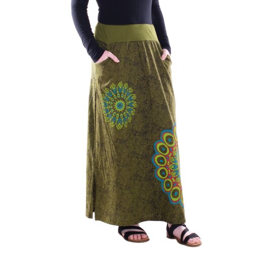 Vishes Damen Maxi-Rock Baumwolle Blumen-Muster elastischer Bund mit Kordel-Zug olive 38