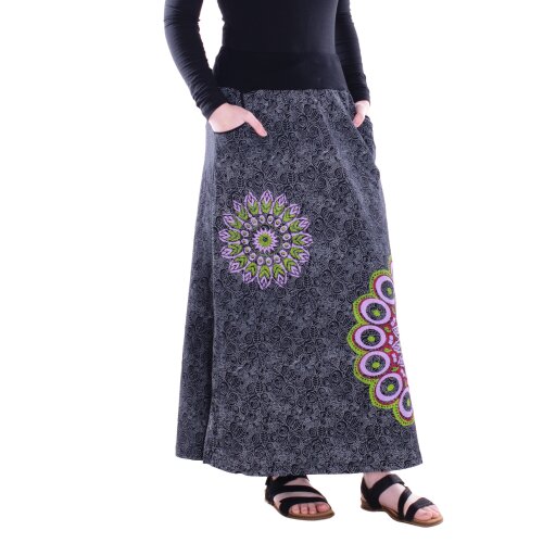 Vishes Damen Maxi-Rock Baumwolle Blumen-Muster elastischer Bund mit Kordel-Zug schwarz 48