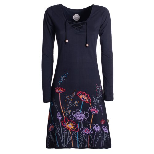 Vishes - Damen Langarm-Shirtkleid Tunika-Kleid Baumwollkleid mit Blumen-Print schwarz 38