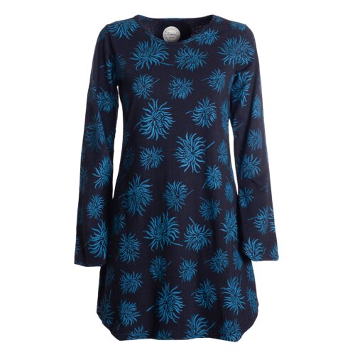 Vishes - Langarm Damen Blumen-Tunika Shirt-Kleid Glockenärmel Baumwolle schwarz-türkis 40