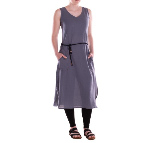 Vishes Langes Sommerkleid Damen Ärmellos Gürtel Taschen Baumwolle