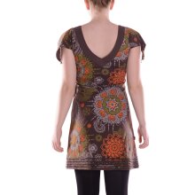 Vishes Damen Mini-Kleid Baumwolle bedruckt V-Ausschnitt mit Cutwork am Saum braun 42