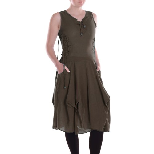 Vishes Damen knielanges Kleid Baumwolle Casual verstellbares Kleid im Lagen-Design mit Kordelzug braun 38