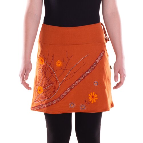 Vishes Damen Rock Baumwolle A-Linie Blumen-Muster elastischer Bund mit Stickerei und Taschen dunkelorange 40
