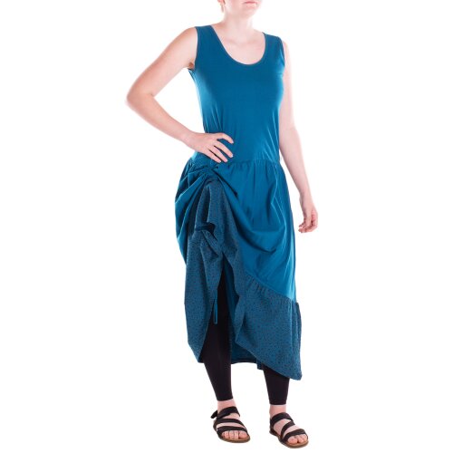 Vishes - Langes handbedrucktes verstellbares Lagenlook Baumwollkleid türkis 44