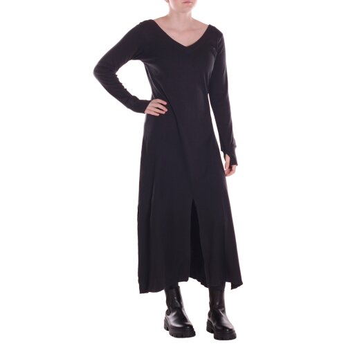 Vishes - Damen Kleid knielang aus Baumwolle - V-Ausschnitt, Daumenlöcher, einfarbig, weich und bequem schwarz 40