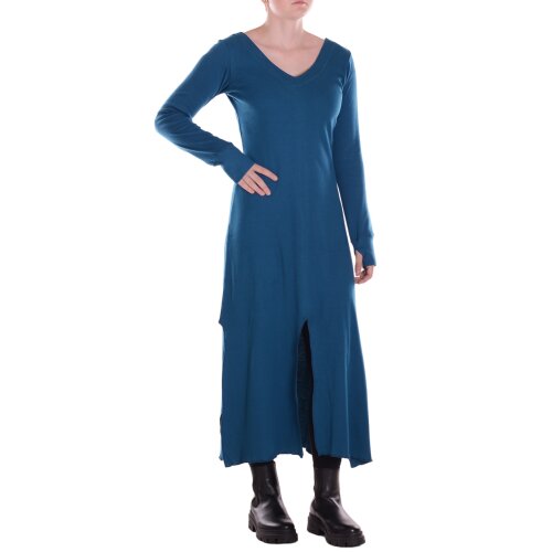 Vishes - Damen Kleid knielang aus Baumwolle - V-Ausschnitt, Daumenlöcher, einfarbig, weich und bequem türkis 46