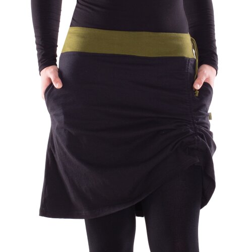 Vishes Damen A-Linie Rock Baumwolle casual elastischer Bund mit Kordel-Zug und Taschen schwarz-grün 44