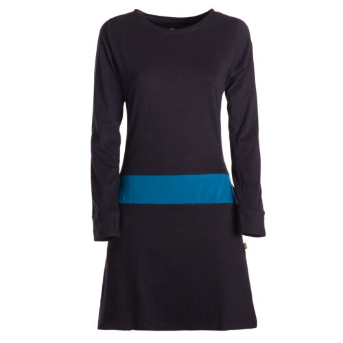 Vishes Damen A-Linie Kleid Baumwolle Casual Rundhalsausschnitt Daumenlöcher schwarz-türkis 46