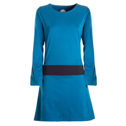 Vishes Damen A-Linie Kleid Baumwolle Casual Rundhalsausschnitt Daumenlöcher türkis-schwarz 40