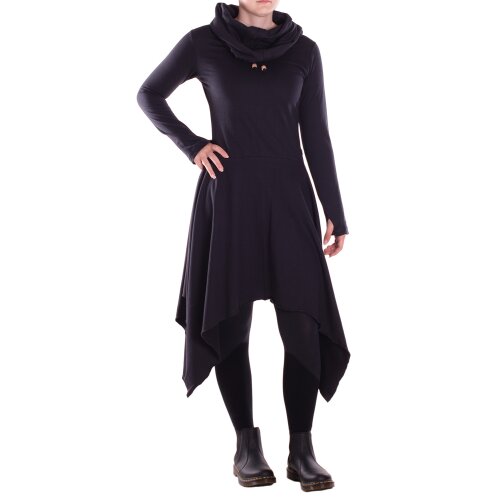 Vishes Damen Wadenlanges Kleid Baumwolle asymmetrisch Schalkragen mit Taschen schwarz 38