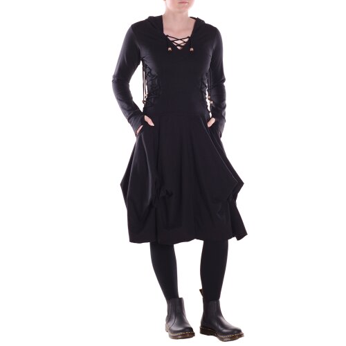 Vishes Damen asymmetrisches Kleid Baumwolle Casual mit Kapuze und Daumenloch mit Taschen schwarz 52