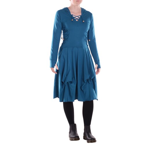 Vishes Damen asymmetrisches Kleid Baumwolle Casual mit Kapuze und Daumenloch mit Taschen türkis 46