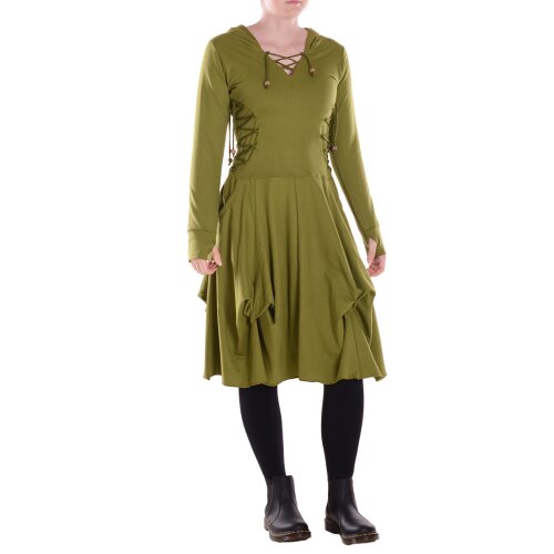 Vishes Damen asymmetrisches Kleid Baumwolle Casual mit Kapuze und Daumenloch mit Taschen olive 46