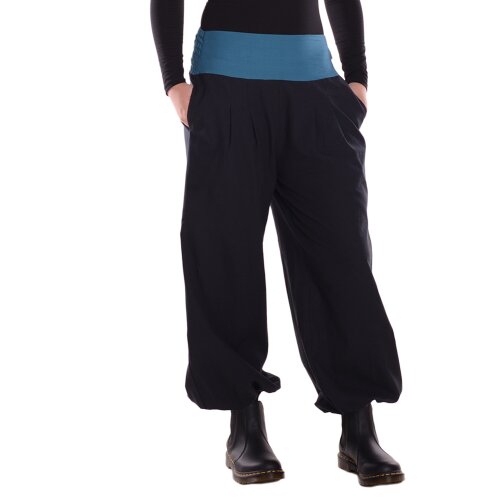 Vishes Lange Damen Sommerhose Haremshose Schlupfhose zweifarbig Dehnbund mit Taschen schwarz-türkis 40