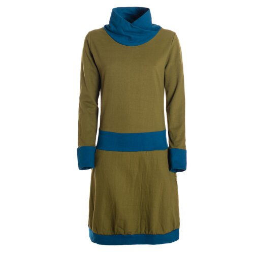 Vishes Damen Kleid Langarm A-Linie mit Kragen, zweifarbig, bequemes Freizeitkleid olive-türkis 46
