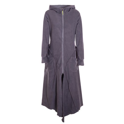 Vishes - Fleece Übergangsmantel im asymmetrischen Lagenlook mit Kapuze, Taschen, Daumenlöchern und Patchwork-Details grau 42-44