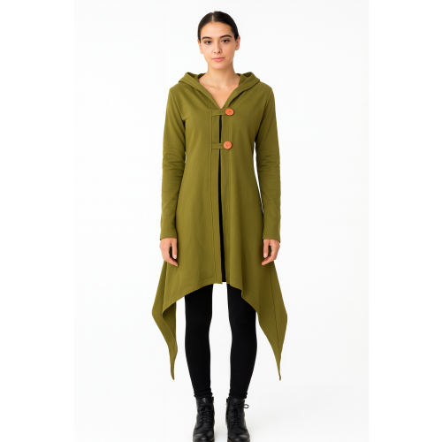 Vishes Zipfeljacke Asymmetrischer Boho Cardigan mit Kapuze und Holzknöpfen aus Baumwolle