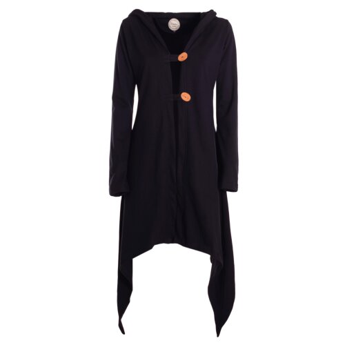 Vishes Zipfeljacke Asymmetrischer Boho Cardigan mit Kapuze und Holzknöpfen aus Baumwolle schwarz 42