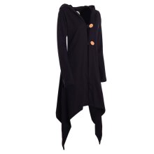 Vishes Zipfeljacke Asymmetrischer Boho Cardigan mit Kapuze und Holzknöpfen aus Baumwolle schwarz 44