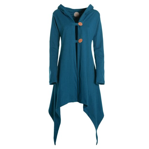 Vishes Zipfeljacke Asymmetrischer Boho Cardigan mit Kapuze und Holzknöpfen aus Baumwolle türkis 40