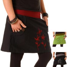 Vishes - Baumwollrock mit Blumen Stickerei Taschen Tiefrot-Schwarz 44-46
