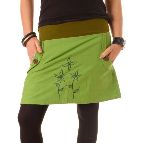 Vishes - Baumwollrock mit Blumen Stickerei Taschen Olivegrün-Lindgrün 44