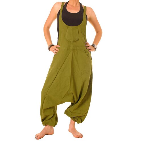 Vishes Legere Damen Latzhose Haremshose Sommerhose Overall Baumwolle olivgrün 46-48