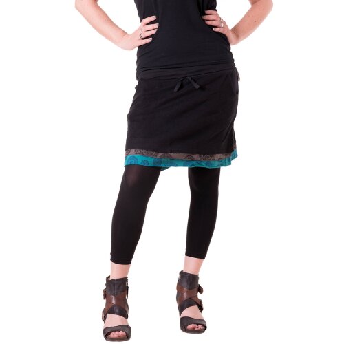 Vishes Kurzer Lagenlook Rock aus Baumwolle - mit Taschen zum Binden schwarz-türkis 38